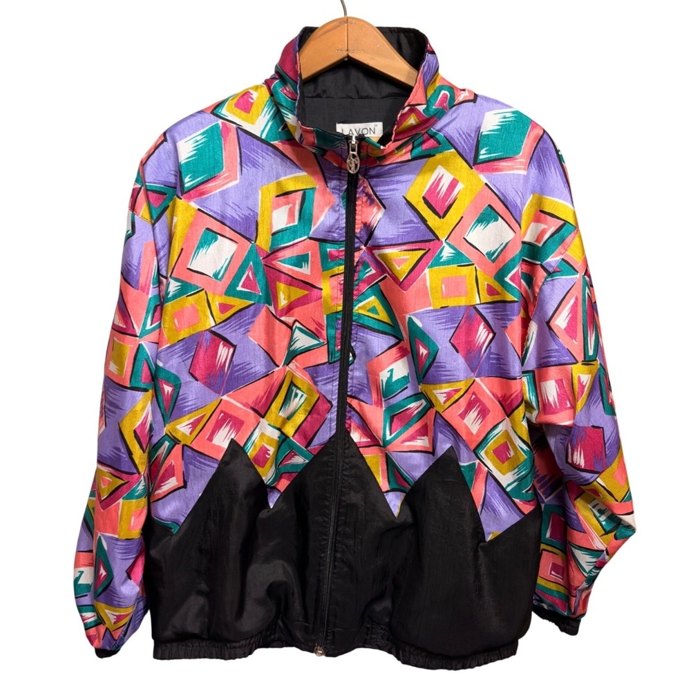 Vintage Lavon Geometric Windbreaker Jacket Womens M Retro 80s/90s Dopamine